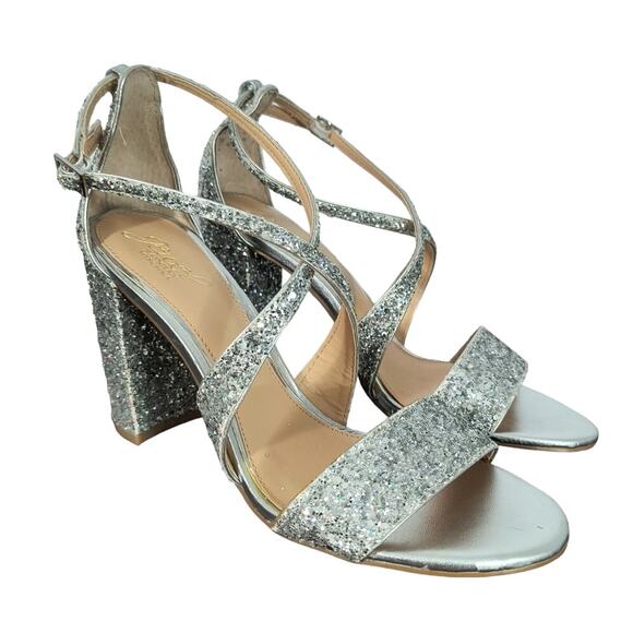 Jewel Badgley Mischka Cook Silver Glitter Sandals Women's Sz 9.5 Metallic Shoes - Picture 1 of 14